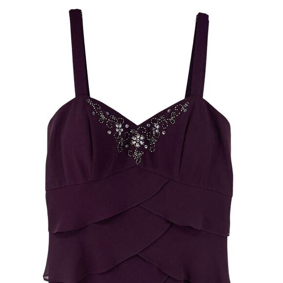 Purple Cocktail Dress Tiered Ruffle Beaded V Neck Mother Of The Bride Size 10 - Picture 2 of 7